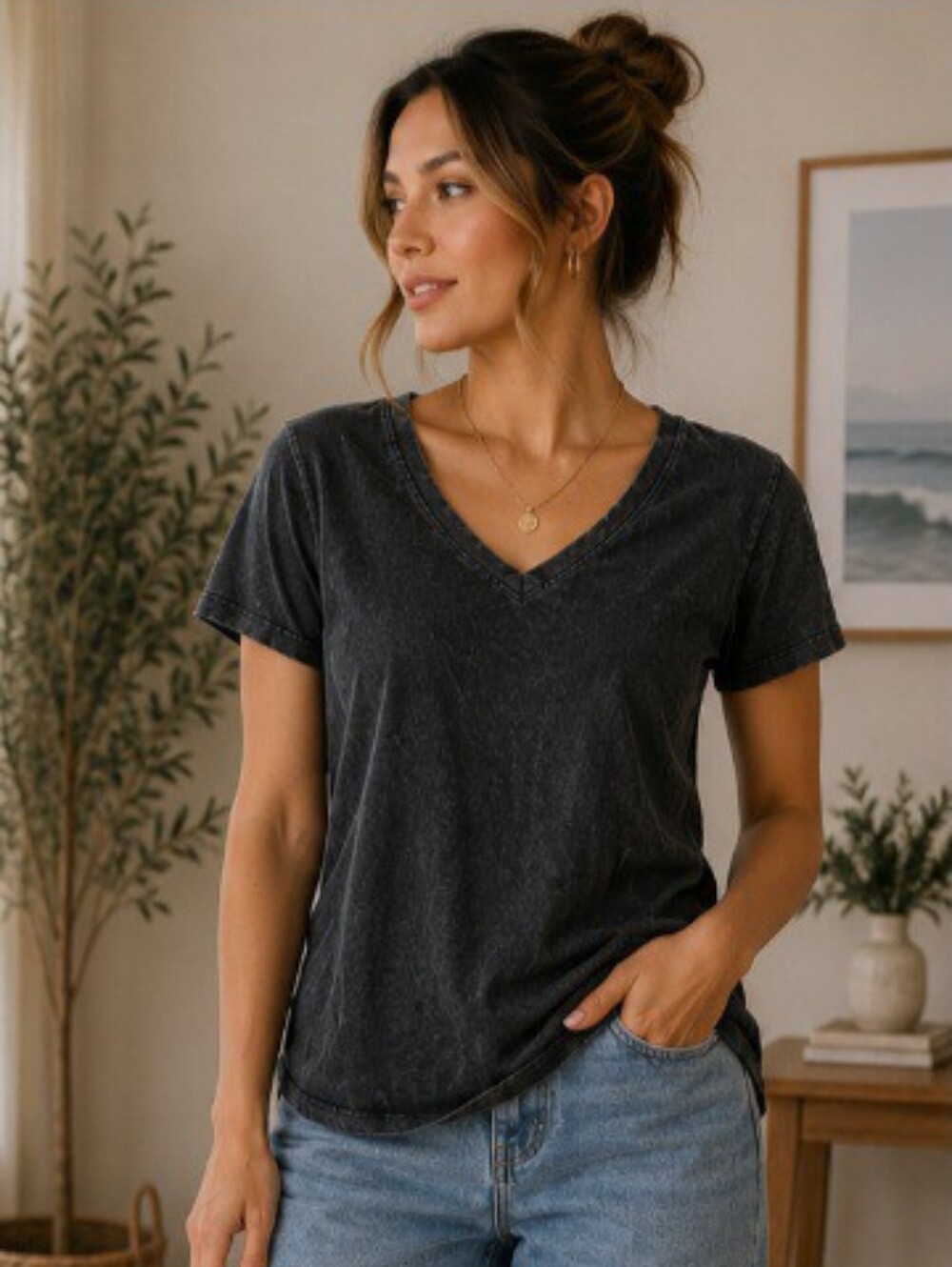 Zenana Washed Black V-Neck Tee | Soft Casual Basic Top